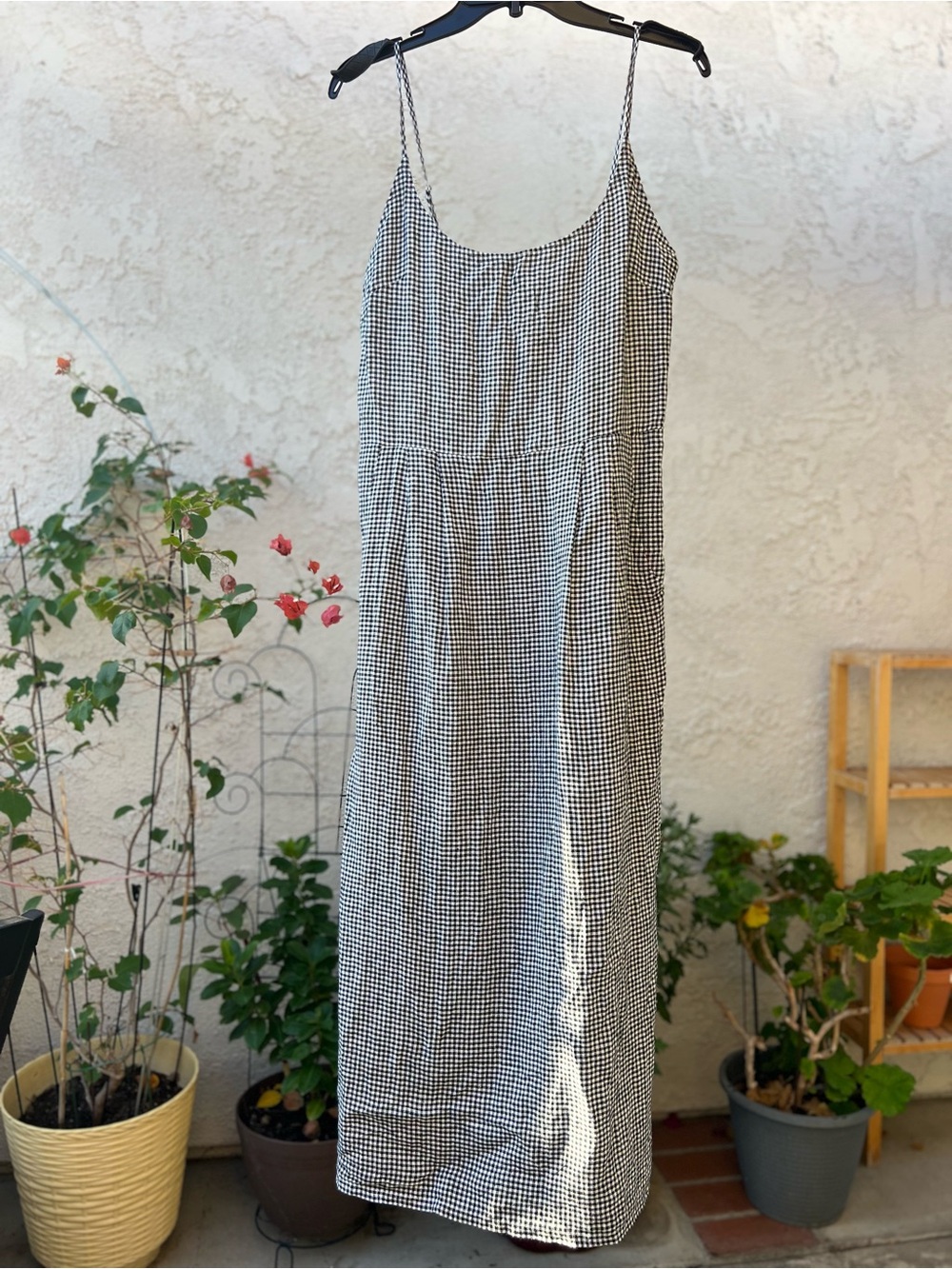 Quince Linen Black and White Gingham Long Dress, pockets, adjustable straps